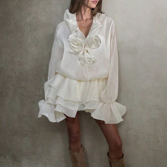 Light Beige Romantic Women's Gothic Floral Embellished Tie-Waist Loose Shirt - Picture 3 of 4